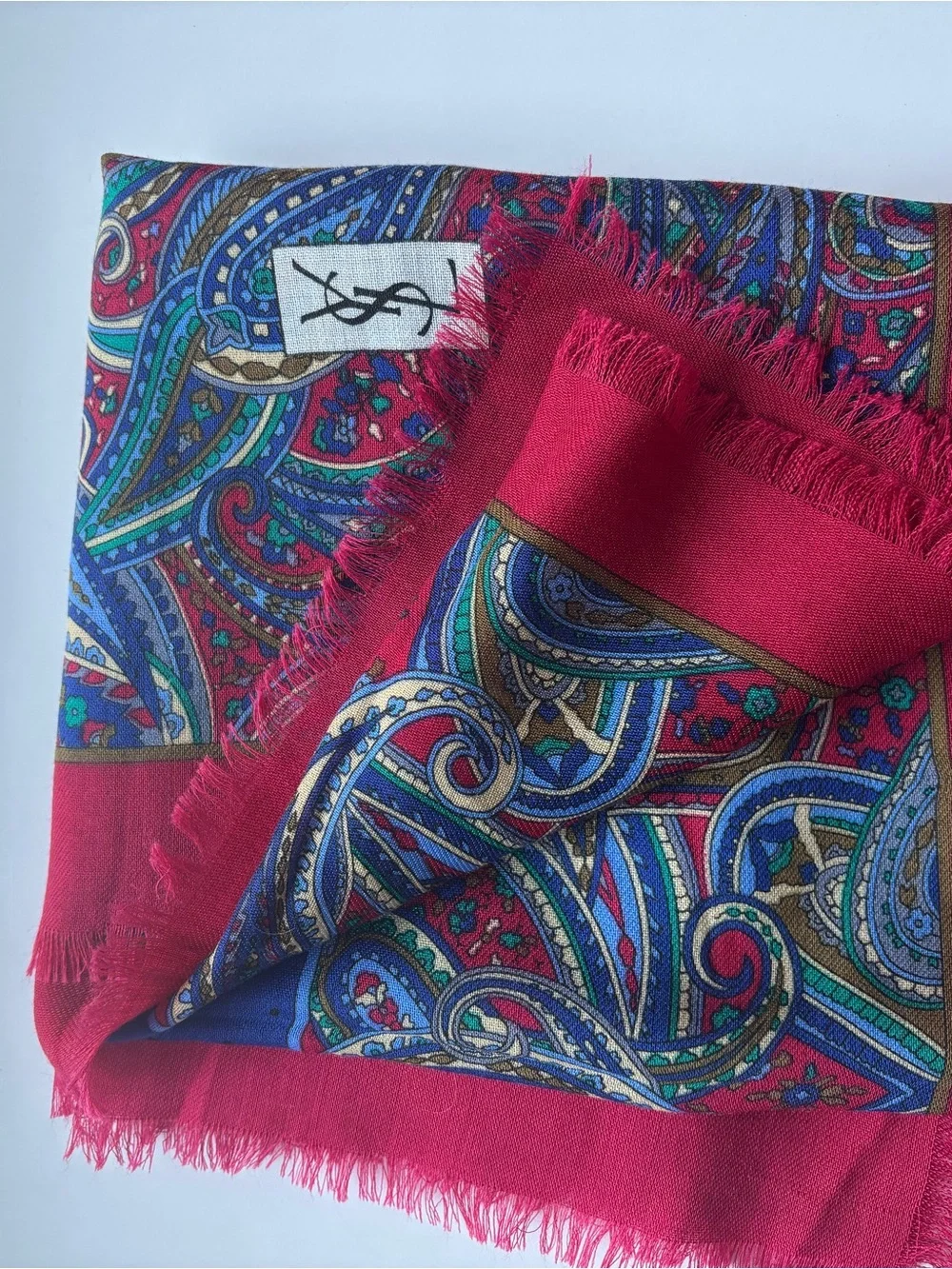 Yves Saint Laurent Red Paisley Fringe Scarf 35”x35” unique vintage